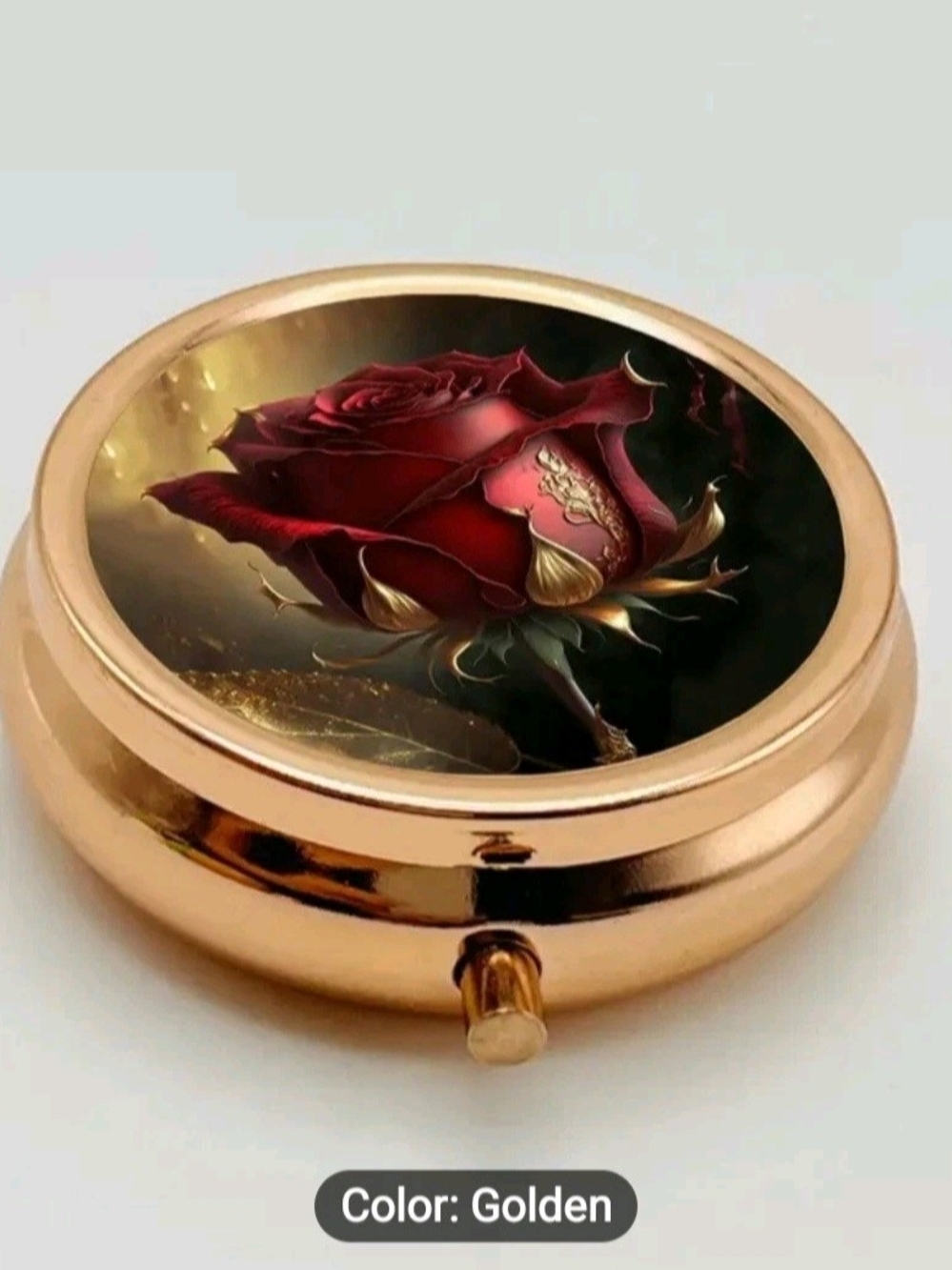 Elegant Rose Gold Case W/Red Rose Personal Pill Box W/3 Compartments & Mirror. - Picture 8 of 8
